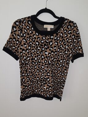 Michael Kors Leopard Print Short Sleeve Top - Brown, Black, White